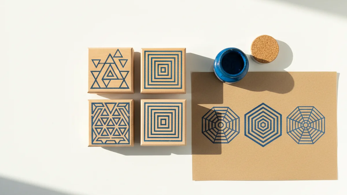 Carimbos de madeira personalizados organizados em bancada artesanal com tinta azul.