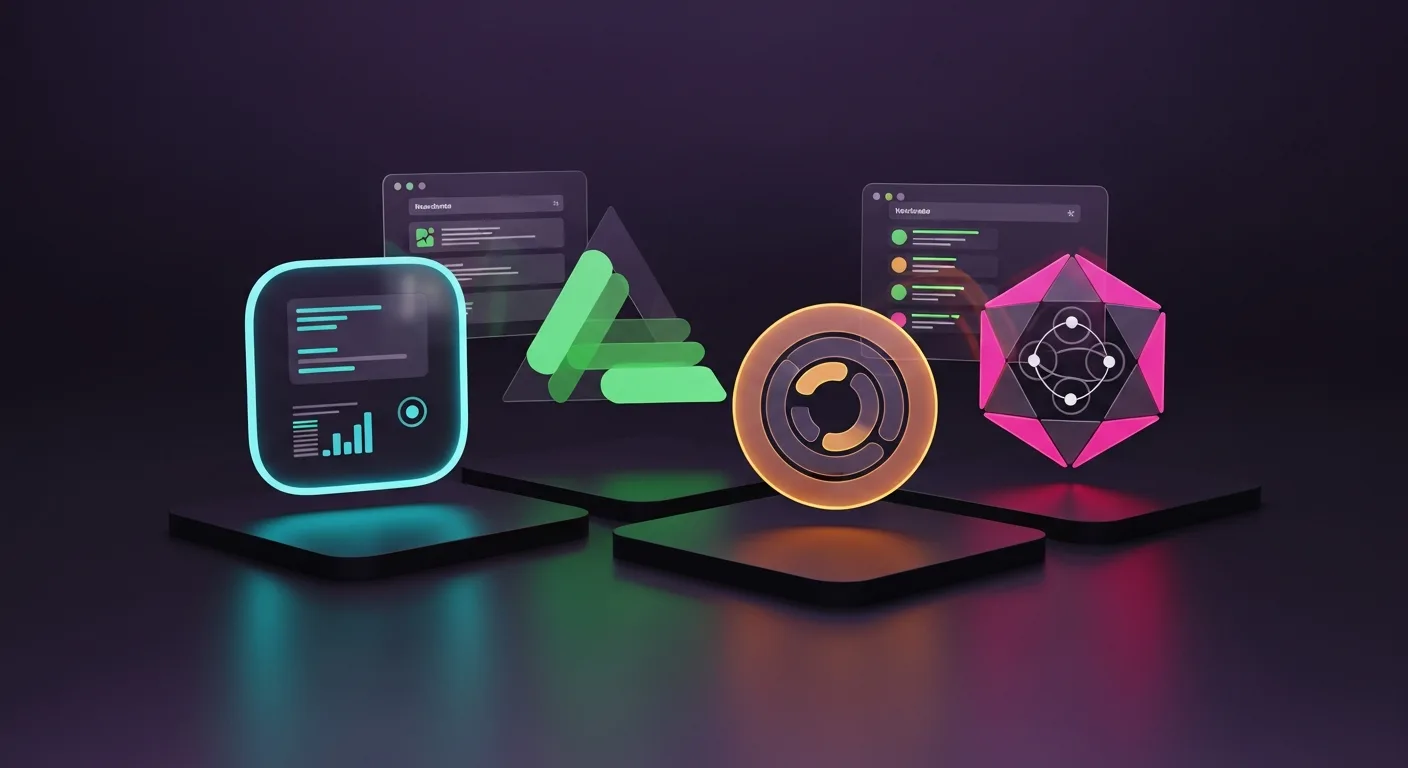 Tela de computador mostrando interfaces visuais de construção de aplicativos com blocos conectados