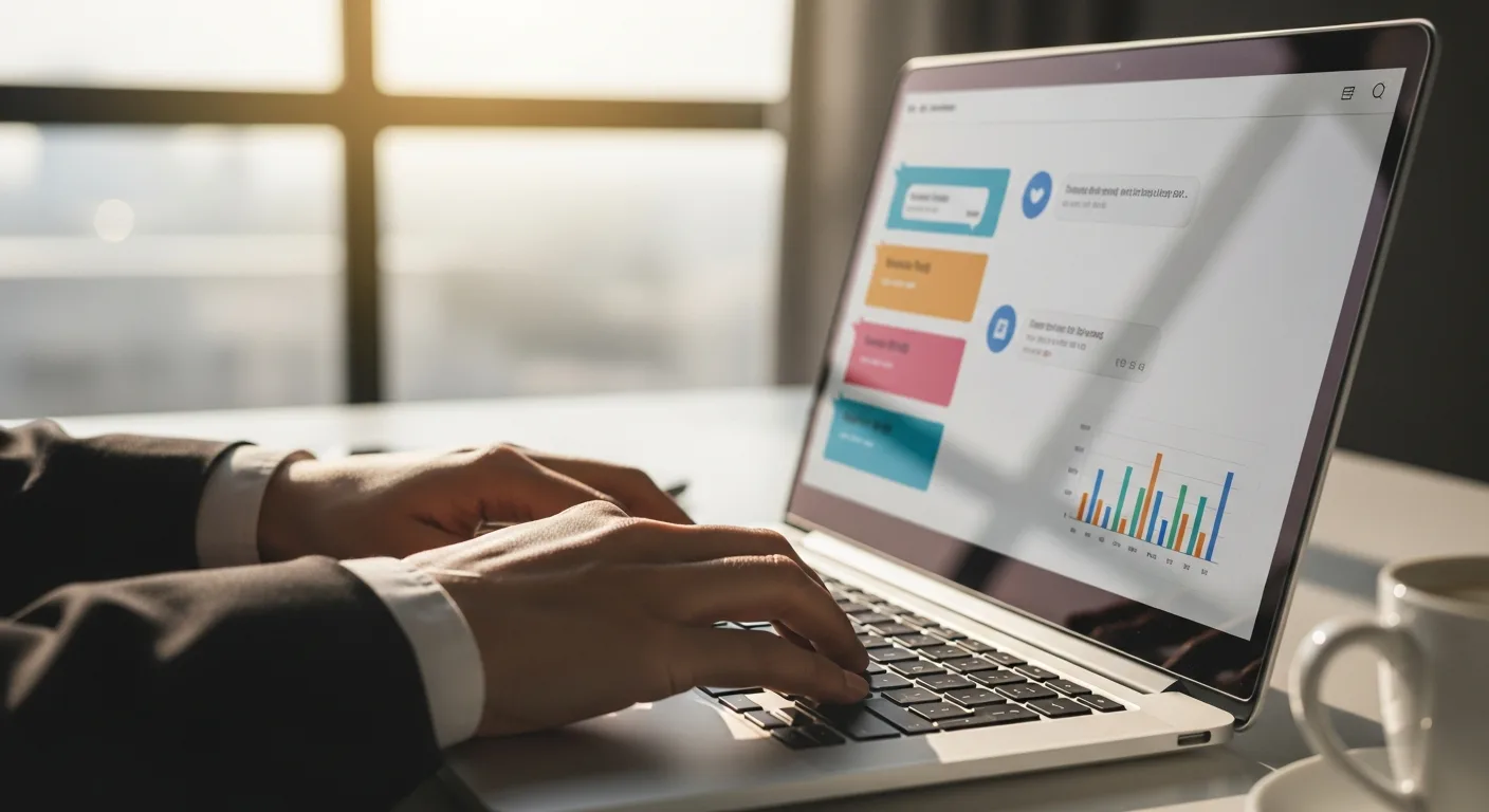 Gestor de tráfego digitando em laptop com interface de IA visível na tela — ferramentas de inteligência artificial para gestão de campanhas de marketing digital