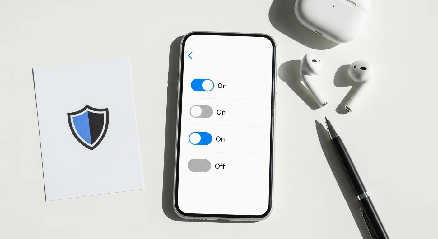 Mão segurando smartphone com tela mostrando opções de toggle ativadas e desativadas, representando controles de privacidade