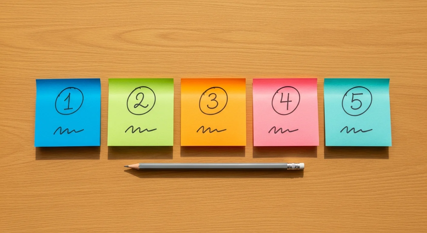 Mesa de escritório vista de cima com cinco sticky notes coloridos organizados em sequência, representando estratégias de adaptação