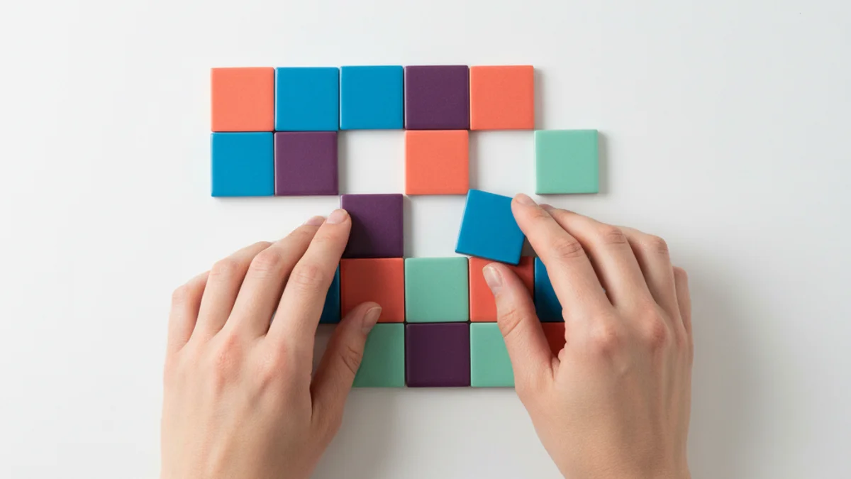 Mãos reorganizando peças coloridas em grade, representando mudanças no algoritmo do Instagram.