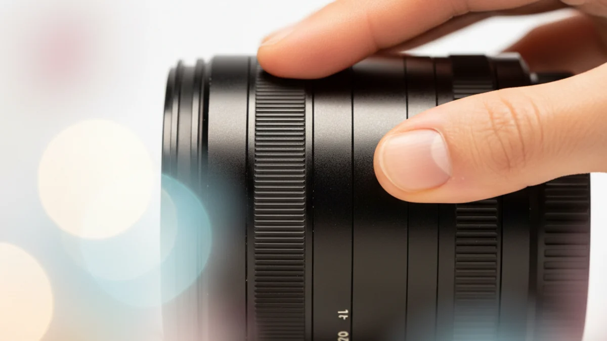 Mão girando anel de foco de lente fotográfica, transformando desfoque em nitidez.