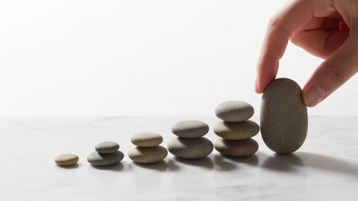 Mão posicionando pedras em sequência crescente sobre superfície de mármore branco.