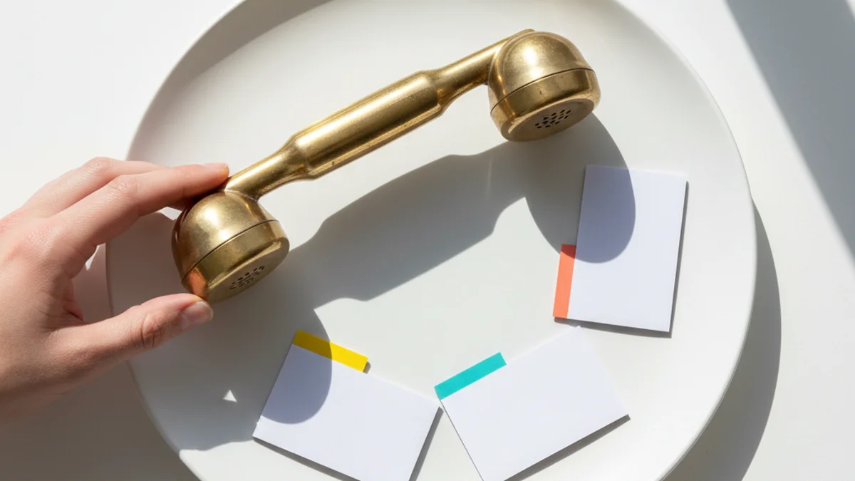 Telefone vintage dourado sobre superfície branca cercado por cartões coloridos e mão estendida.