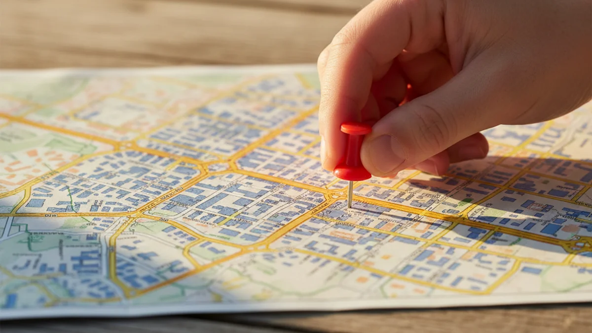 Mãos fixando um alfinete vermelho em um mapa de ruas impresso sobre mesa de madeira.