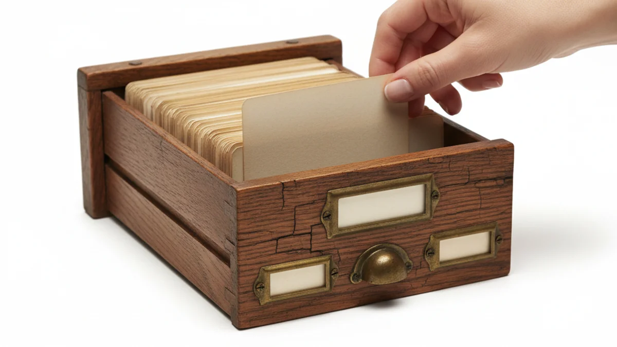 Mão retirando um cartão de fichário de madeira vintage com gaveta entreaberta.