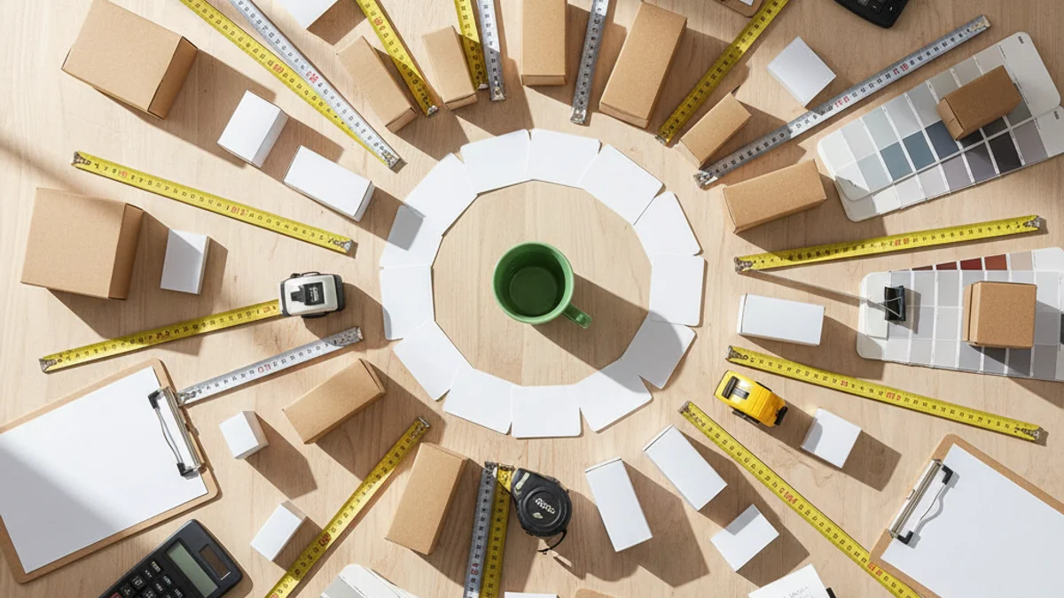 Caneca verde pequena isolada no centro de mesa coberta por ferramentas de vendas complexas.