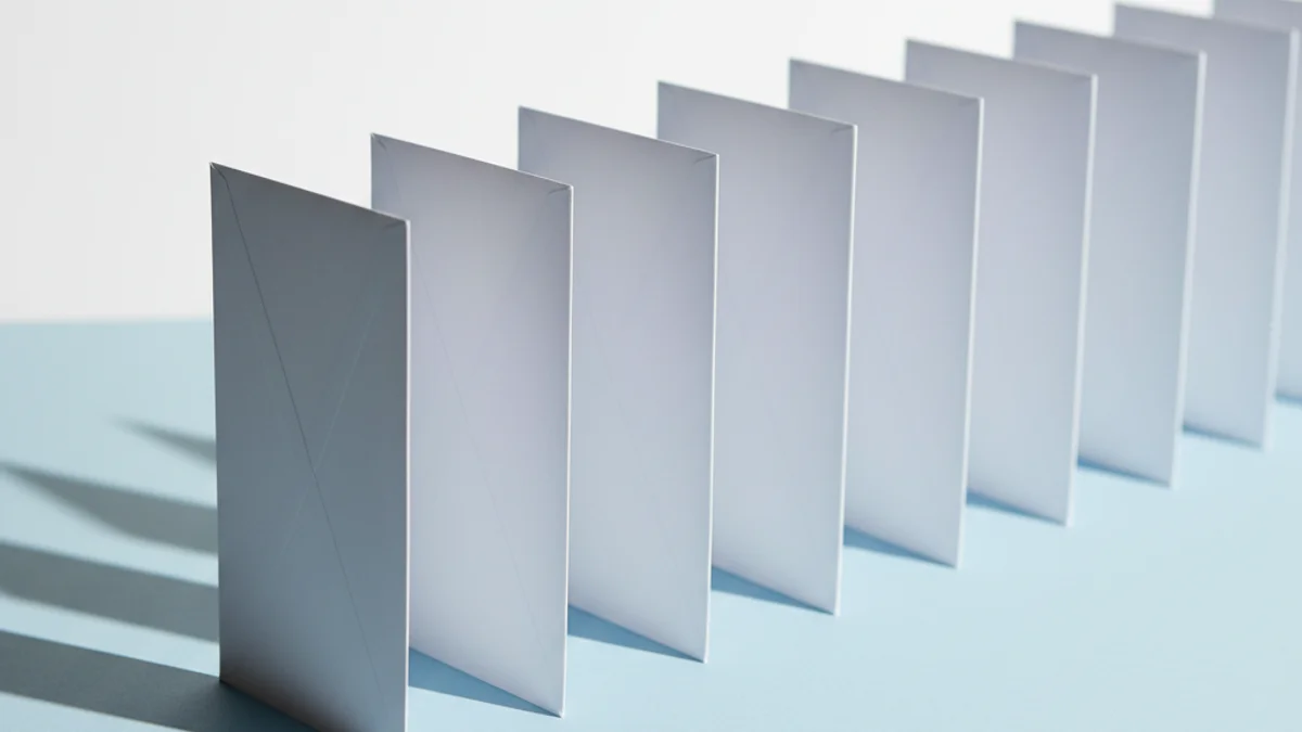 Fileira de envelopes brancos em sequência inclinados como dominós sobre superfície azul.