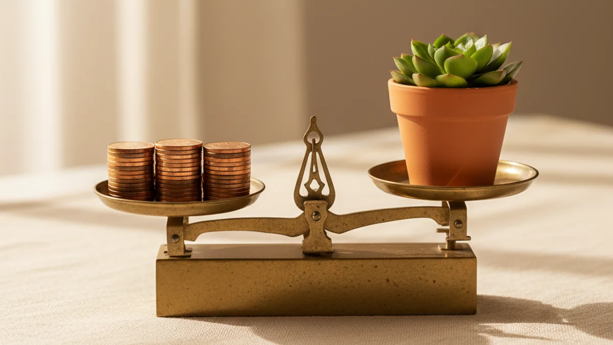 Balança de latão com moedas de cobre equilibradas contra pequena suculenta verde sobre linho.