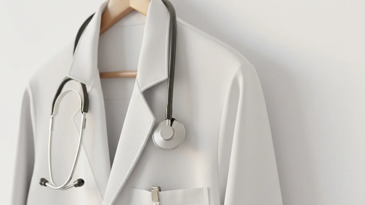 Jaleco médico pendurado com estetoscópio e crachá representando credibilidade na saúde.