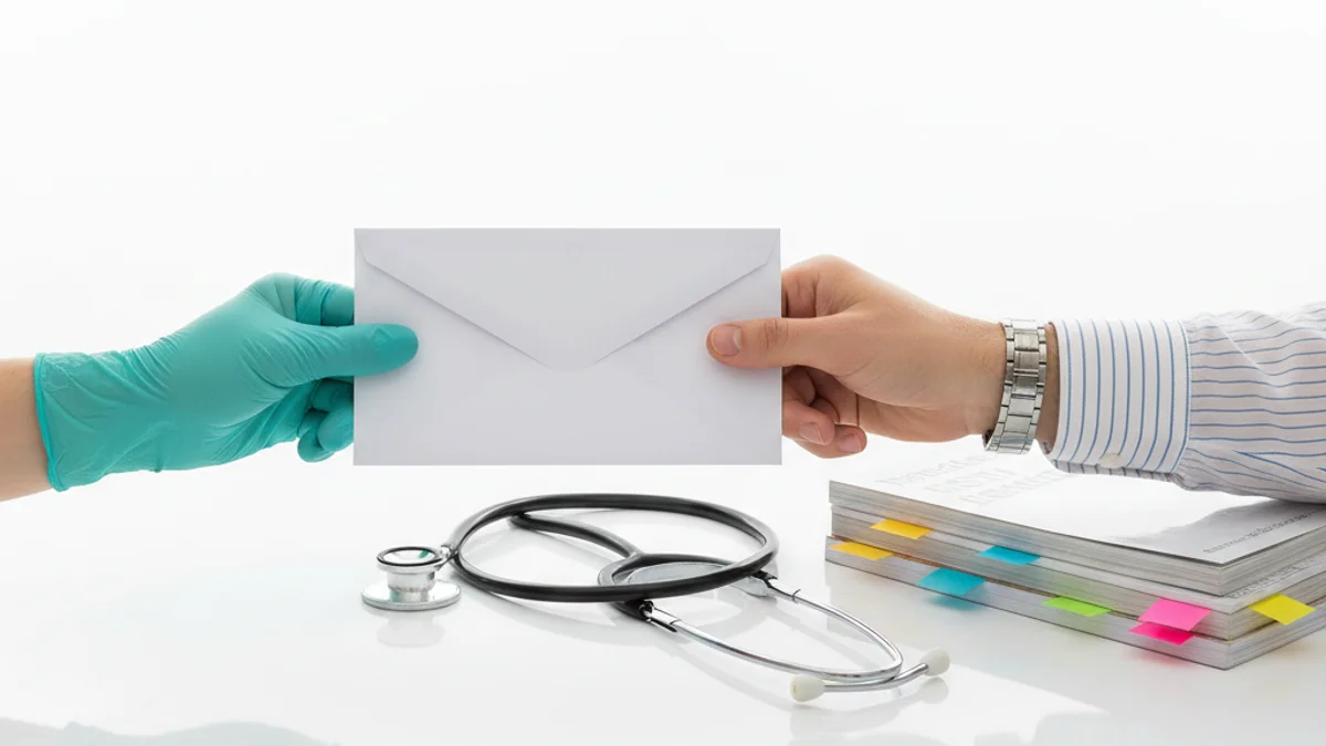 Mãos trocando envelope médico sobre mesa com estetoscópio e revistas científicas.