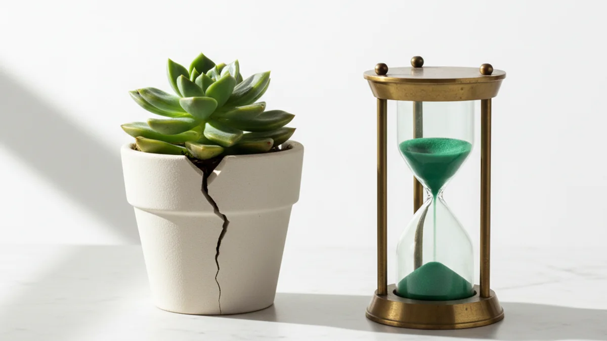 Ampulheta de latão com areia verde ao lado de suculenta brotando em vaso rachado.
