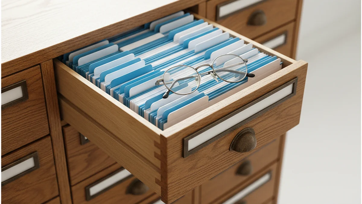 Gaveta de fichário vintage aberta com fichas organizadas e óculos de leitura.