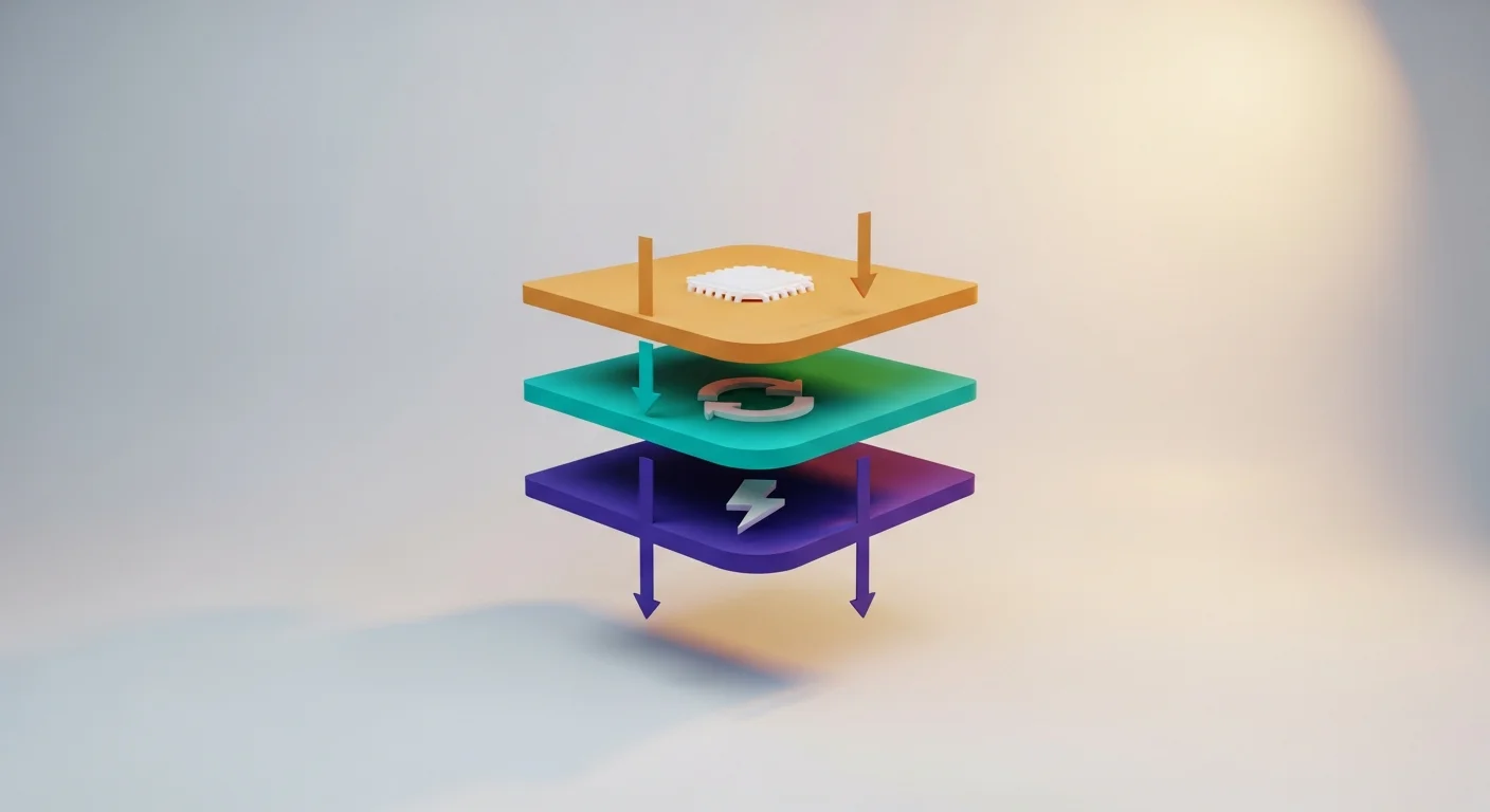 Ilustração 3D de três camadas de cache empilhadas — memória local, stale-while-revalidate e invalidação por evento