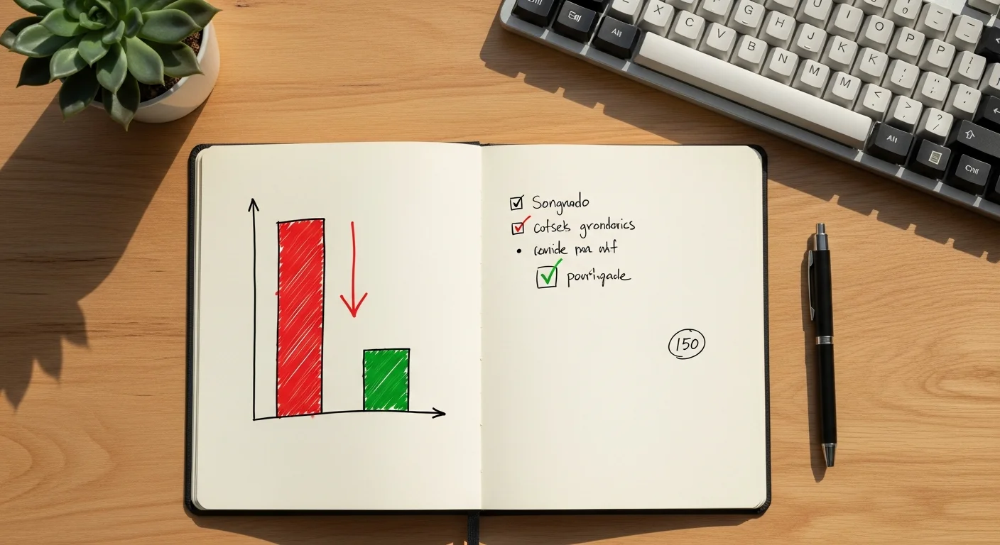 Caderno aberto com gráfico de barras desenhado à mão mostrando queda de latência — métricas reais de produção do cache modular