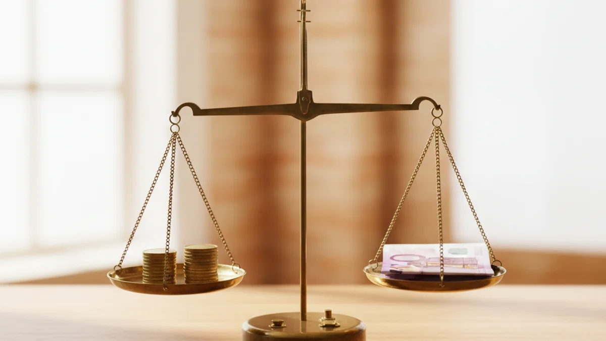 Balança de latão com moedas douradas e nota equilibradas sobre mesa de madeira.