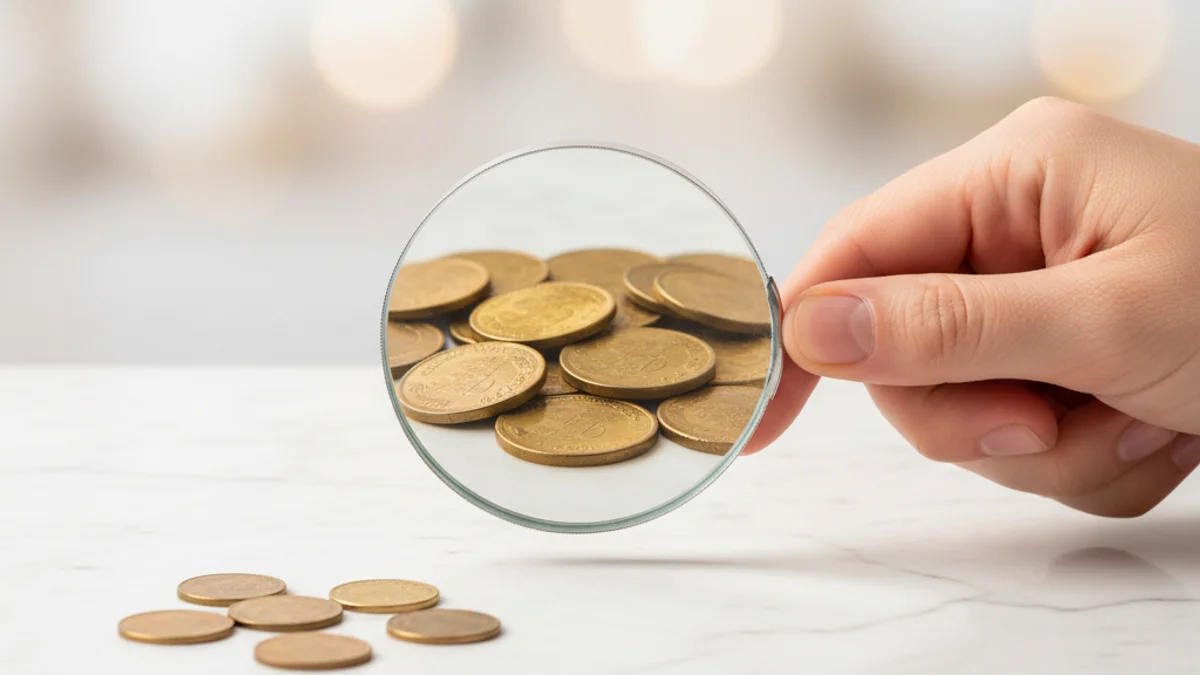 Lupa amplia visualmente moedas escassas, criando ilusão de abundância no mármore.