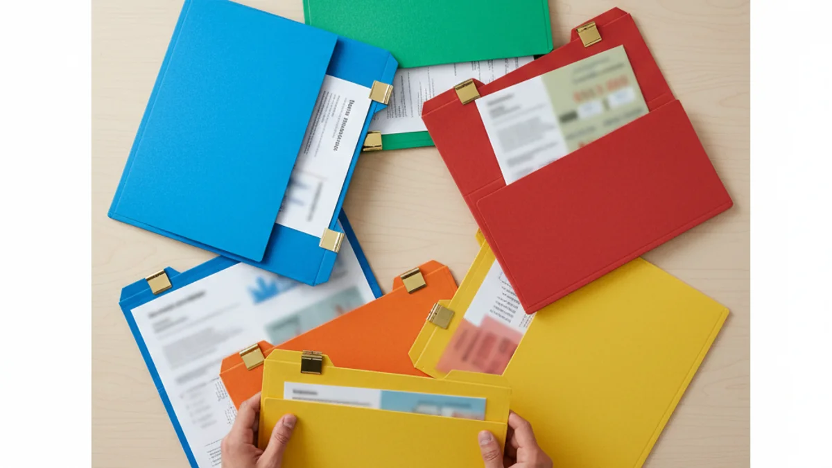 Pastas coloridas organizadas sobre mesa representando divisão de campanhas por tipo de plano.