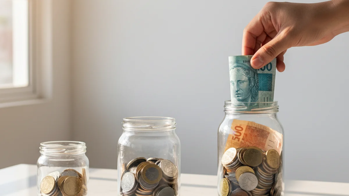 Mãos distribuindo notas de real em potes de vidro de tamanhos diferentes.