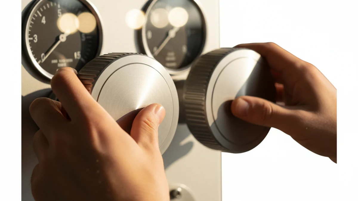 Mãos ajustando mostradores de precisão em painel analógico de controle.