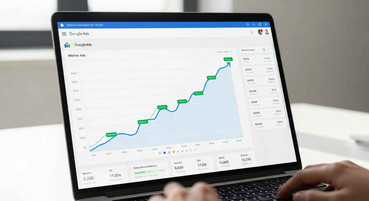 Dashboard Google Ads mostrando gráfico de performance em ascensão após otimização de campanha