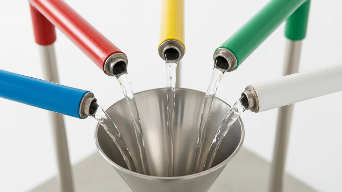 Cinco canos coloridos despejando água em um único funil de metal polido.