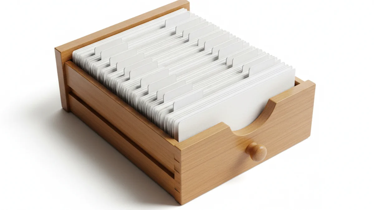 Gaveta de fichário de madeira aberta revelando fileiras de fichas brancas organizadas.