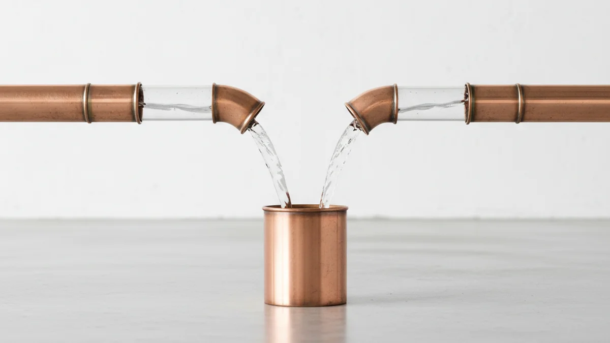 Rede de tubos de cobre convergindo para um ponto central, simbolizando automação de captação.