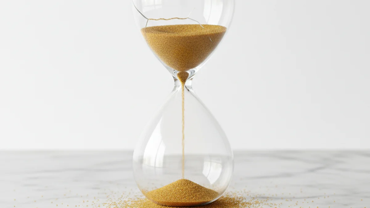 Ampulheta com rachadura deixando areia vazar silenciosamente sobre mármore branco.