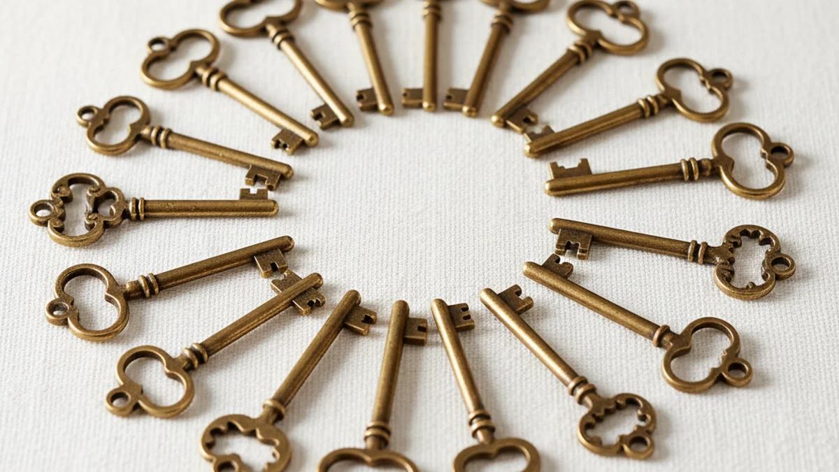 Conjunto de chaves de latão antigas dispostas em leque sobre linho branco.