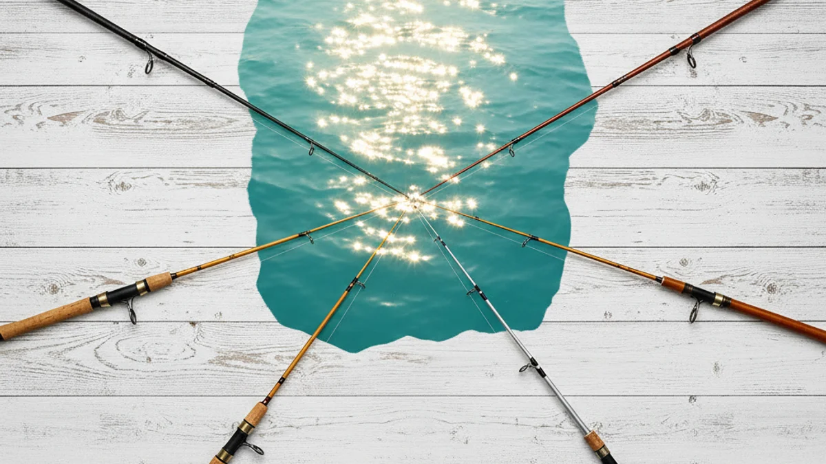Cinco varas de pesca diferentes sobre deck de madeira, cada uma lançando linha ao mar.