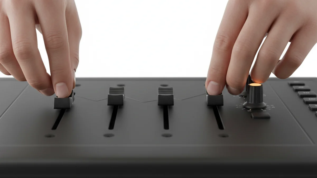 Mãos ajustando controles de uma mesa de mixagem profissional, representando configuração precisa.