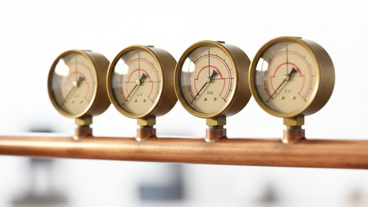 Quatro manômetros analógicos vintage em manifold de cobre, medindo diferentes pressões simultaneamente.