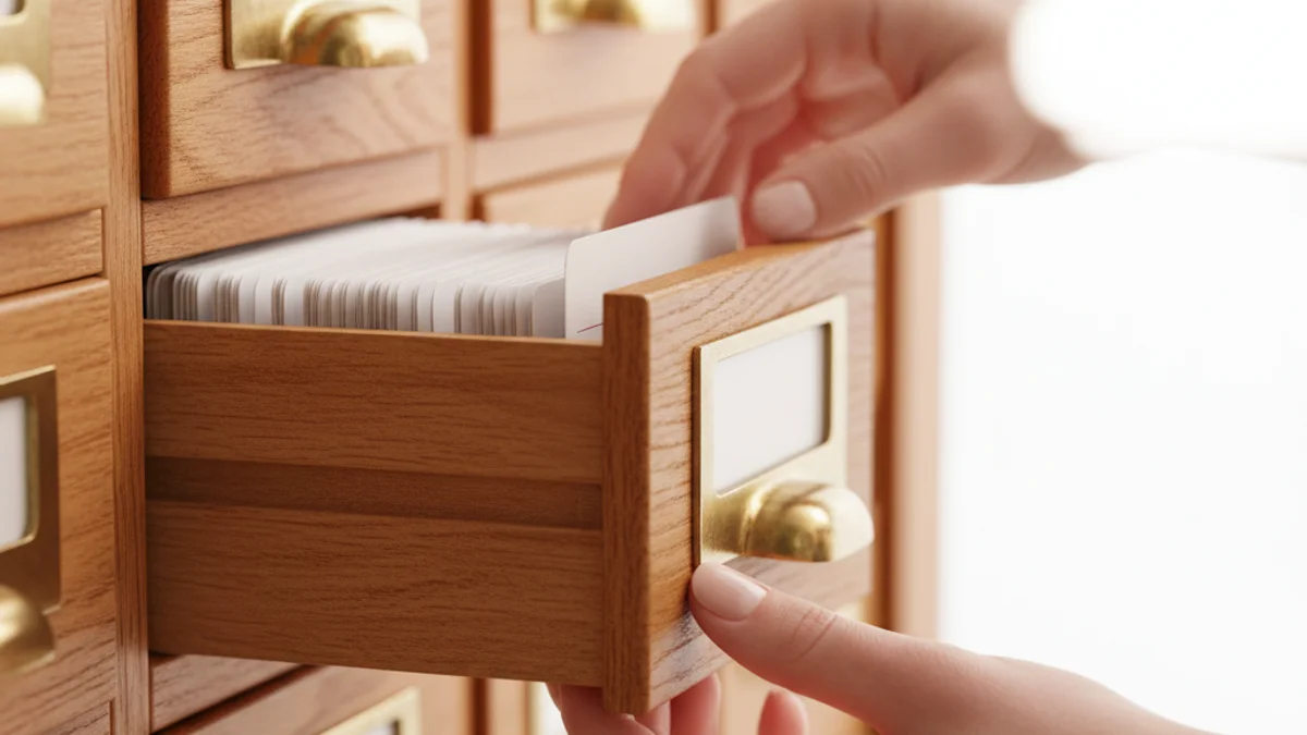 Mãos abrindo gaveta de fichário de madeira com fichas organizadas iluminadas por luz quente.