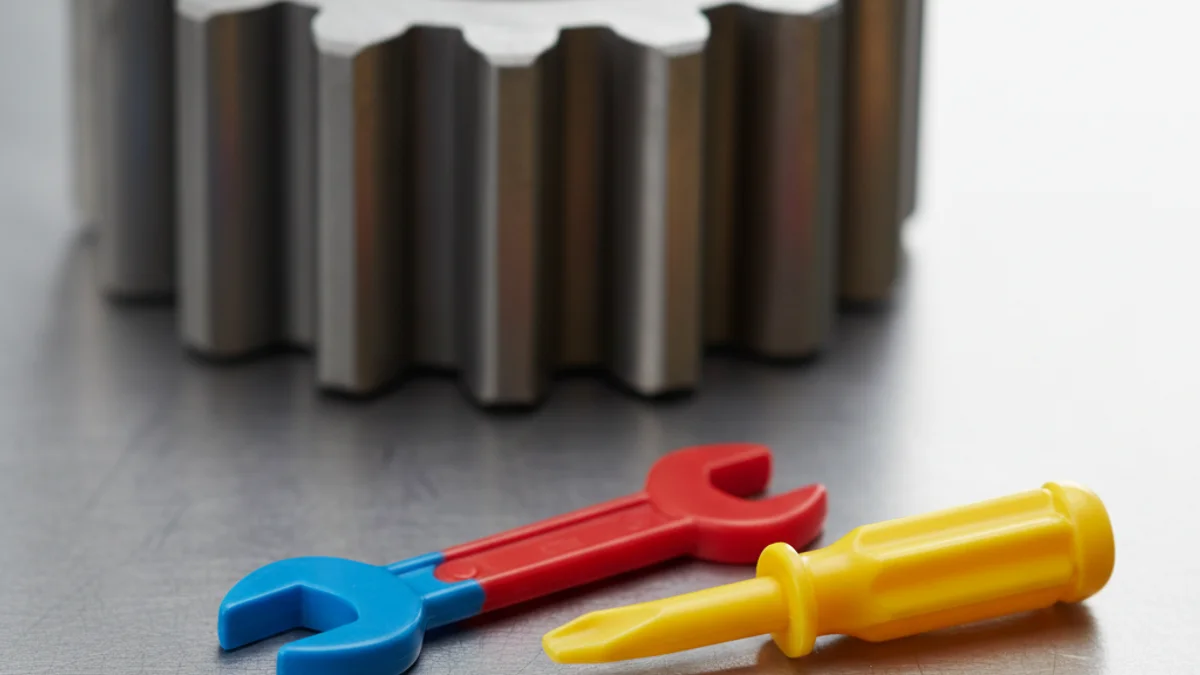 Ferramentas de brinquedo ao lado de engrenagem industrial gigante representando limitações.