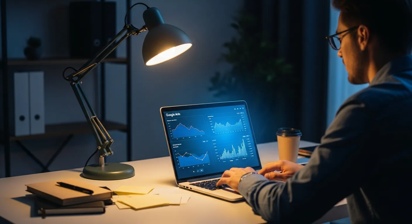 Ícones de Google Ads, saúde e IA conectados com seta de redução de custo