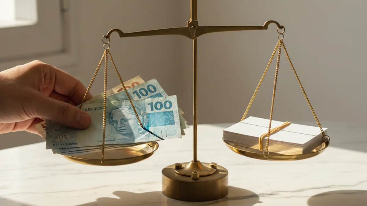 Balança com notas de real e cartões de visita representando custo de leads.