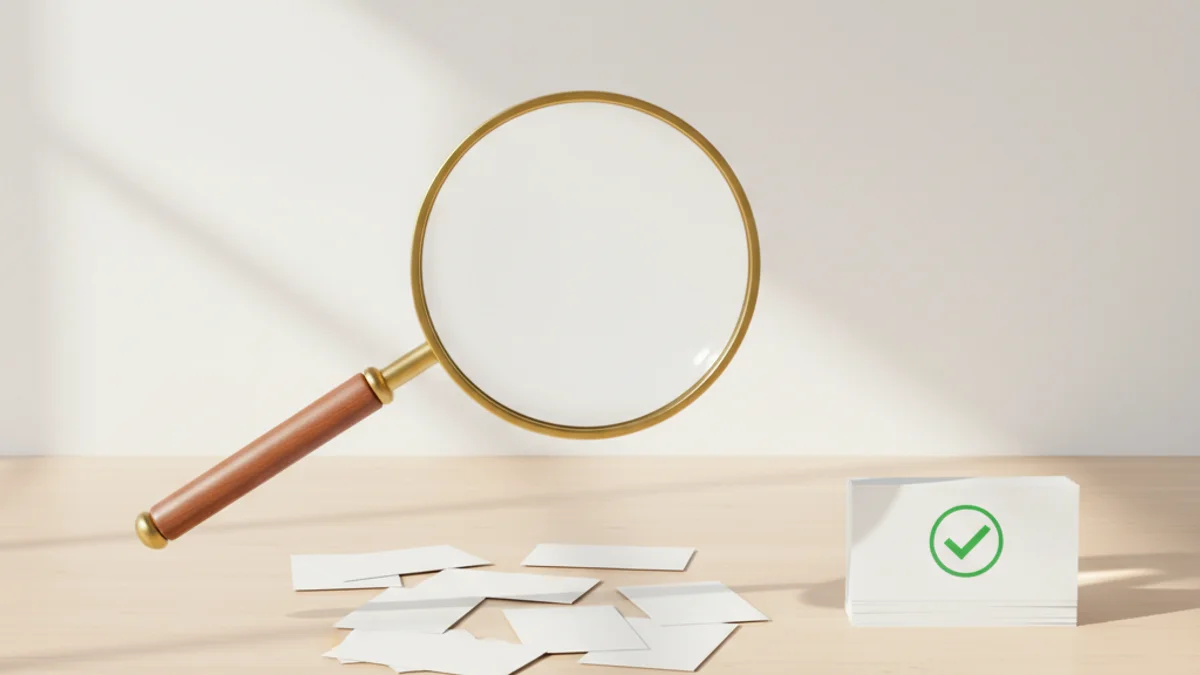 Lupa sobre cartões de visita com pilha separada de cartões aprovados.