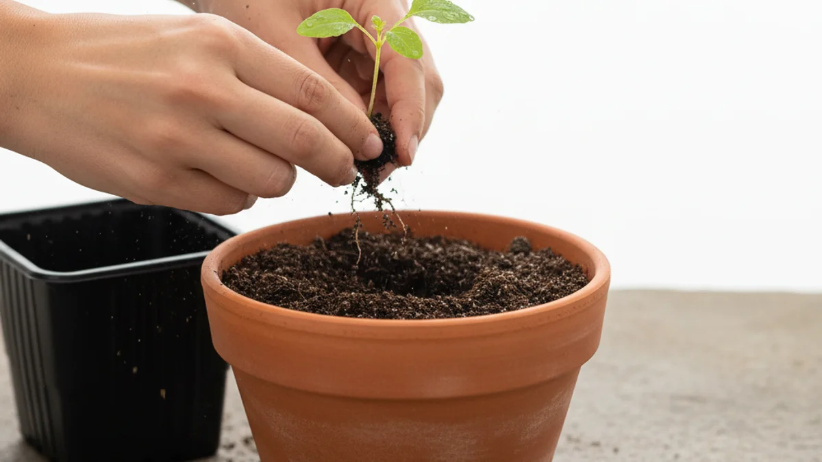 Mãos transplantando muda de vaso plástico para vaso de barro com terra fértil.
