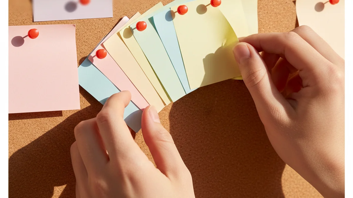 Mãos organizando notas coloridas em quadro de cortiça com alfinetes vermelhos.