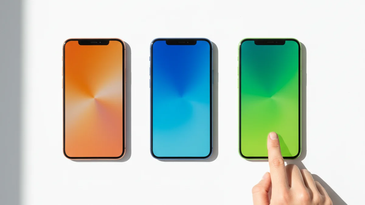 Três smartphones lado a lado com mão escolhendo um deles, representando seleção de ferramenta.