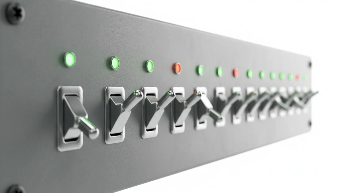 Painel com interruptores, metade acesos em verde e metade apagados em vermelho.