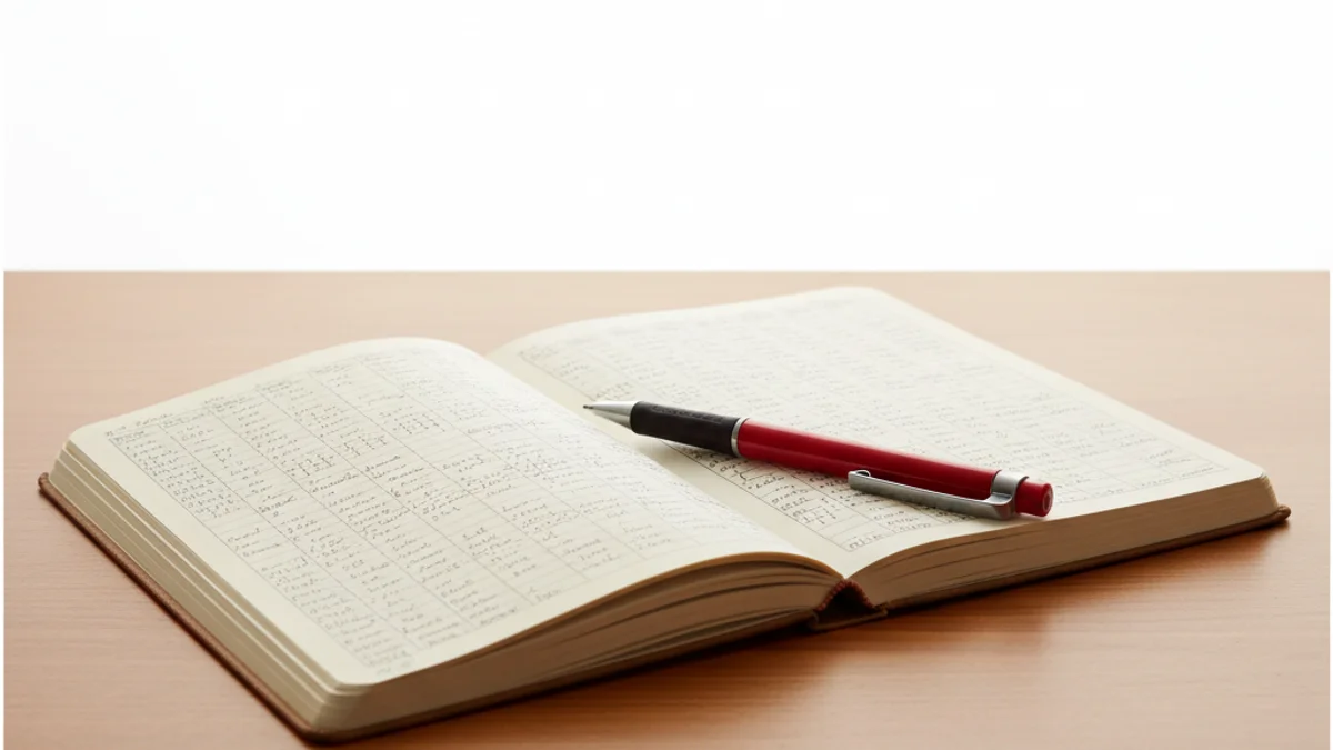 Caderno aberto com registros diários manuscritos e marcações de 60 dias sobre mesa de madeira.