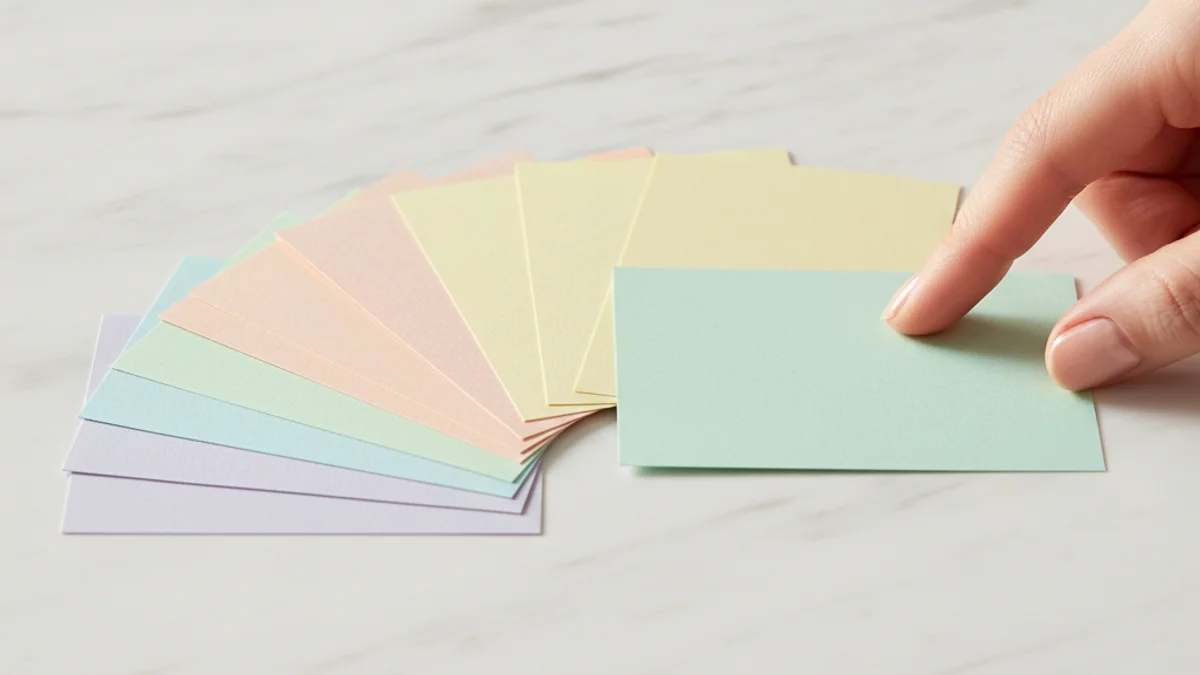 Mão selecionando um cartão colorido em leque sobre superfície de mármore branco.