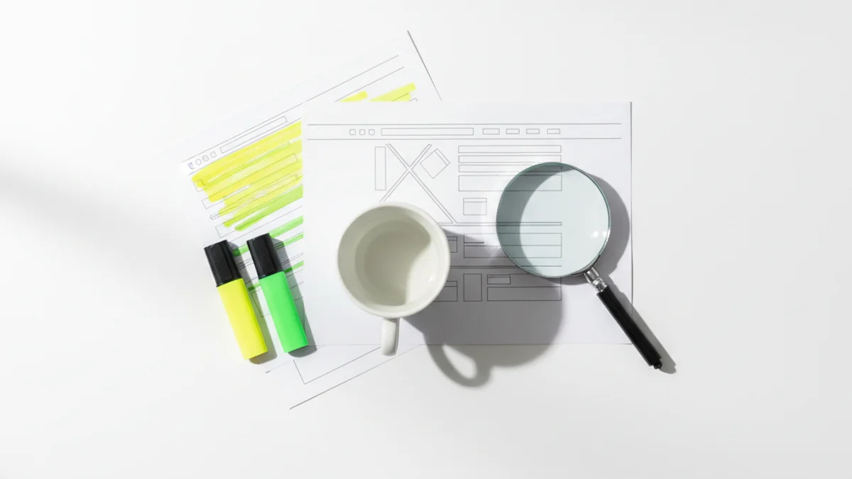 Mesa com auditoria de site impressa, notas adesivas em fluxograma e lupa sobre sitemap.