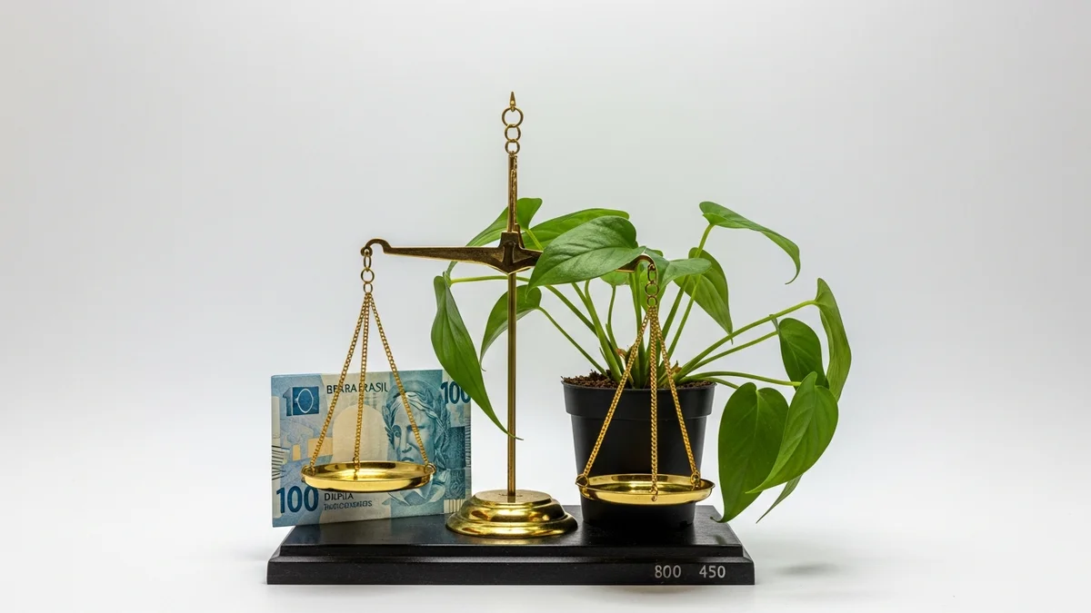 Notas de real brasileiro sendo pesadas em balança representando o custo-benefício de consultoria SEO