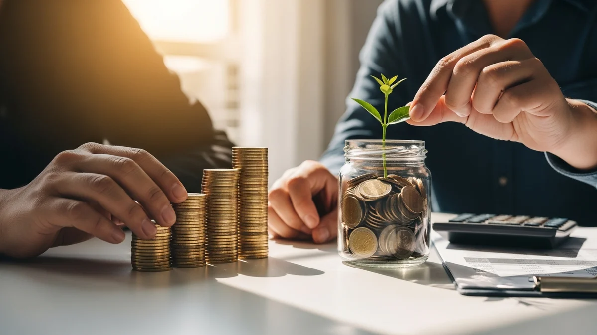 Mãos calculando retorno sobre investimento de SEO com moedas e gráfico de crescimento