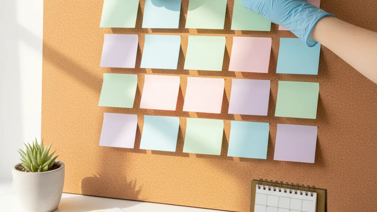 Mãos organizando notas coloridas em quadro de cortiça com calendário e suculenta.