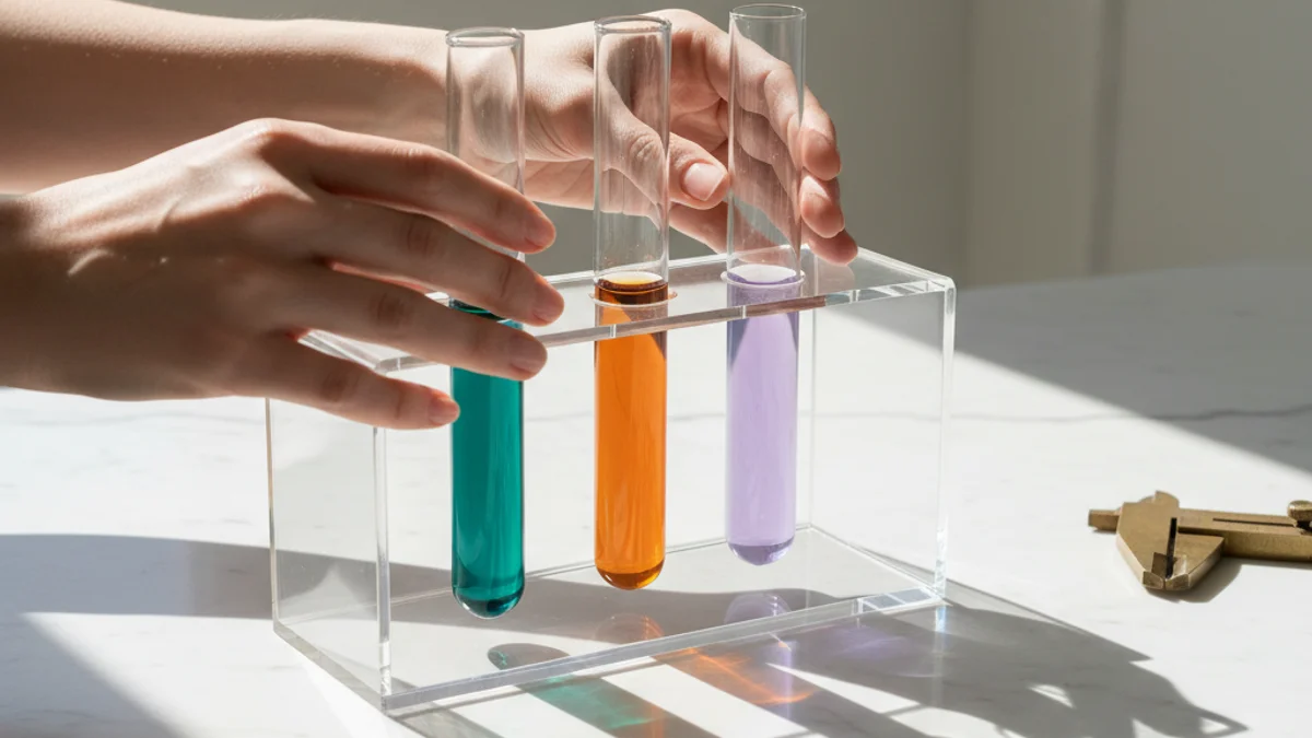 Tubos de ensaio com líquidos coloridos em níveis diferentes representando métricas de conteúdo.